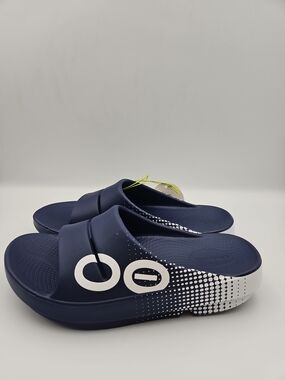 OOFOS Navy Slide Sandals with White Dot Detail